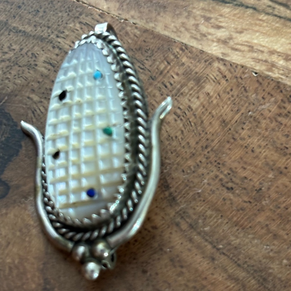 Sterling Silver Zuni  Inlay MOP Pendant brooch with Multi-Color Accent Stones